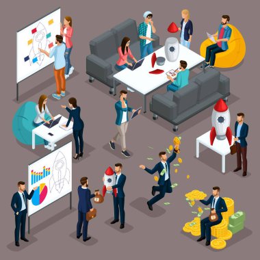 Trendy izometrik insanlar, 3d işadamı, geliştirme başlangıç, takım uzmanları, öğrenciler, iş yaratma, beyin fırtınası, yatırım, iş kavramı