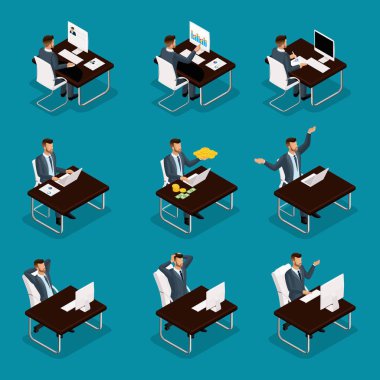 Trendy izometrik insanlar, 3d işadamı, genç işadamı, iş akışı, çalışanları, strateji geliştirme, iş arama konseptiyle parlak mavi arka plan üzerinde izole