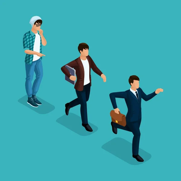 Trendy isometric people, 3d businessman, development start-up, creative freelancer, team of professionals, business creation, career growth, business concept on blue