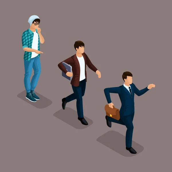 Trendy isometric people, 3d businessman, development start-up, creative freelancer, team of professionals, business creation, career growth, business concept on a