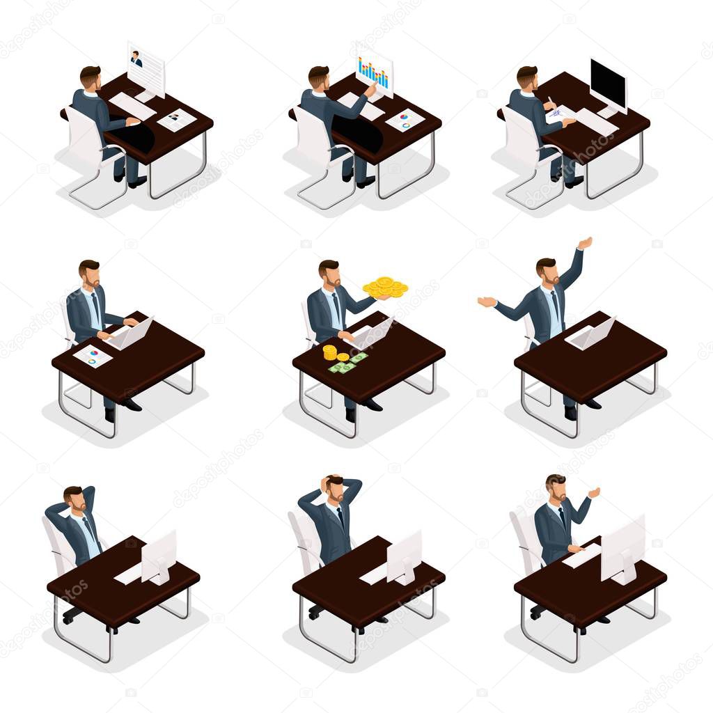 Trendy isometric people, 3d businessman, concept with young businessman, workflow, search for employees, strategy development, work is isolated