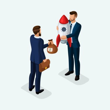 Bir başlangıç, başarının, yol iş geliştirme, yatırım geliştirme trendy izometrik insanlar, 3d iş adamları, bir başlangıç, bir çanta dolusu para ışık üzerinde satın alma