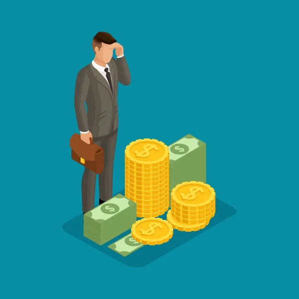 Trendy isometric people, 3d businessman, concept with young businessman, money, gold, wealth, investment, profit planning isolated on bright blue — Stock Vector