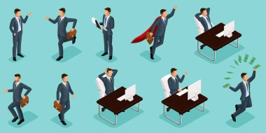 Isometric people, 3d entrepreneurs, different concept scenes, emotions and gestures businessman, superman, management and production isolated blue background clipart