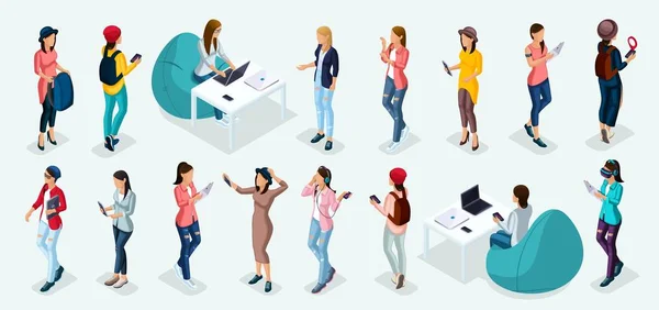 Trendy isometric vector people, 3d person teenagers, modern girl and gadgets, freelancers, hackup, coworking, office work, modern people isolated on — стоковый вектор