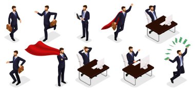 Isometric people, 3d Young entrepreneurs, different scenes of concepts working in the office, emotions and gestures of a businessman, superman, solution of task clipart