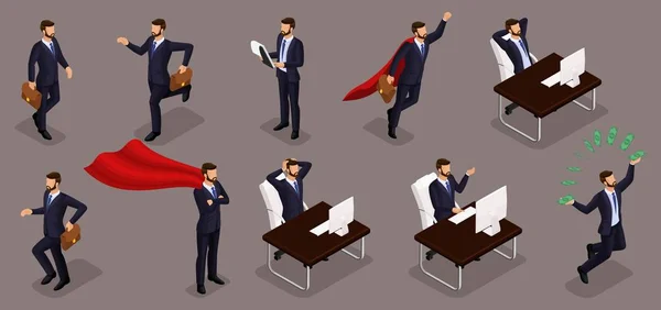 Isometric people, 3d entrepreneurs, different scenes concepts working office, emotions businessman, superman, solution tasks, management isolated dark