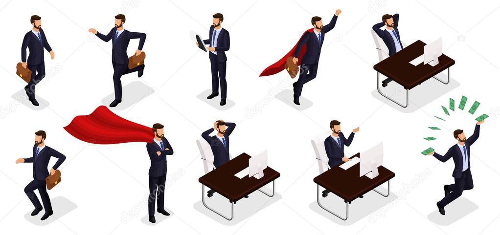 Isometric people, 3d Young entrepreneurs, different scenes of concepts working in the office, emotions and gestures of a businessman, superman, solution of task