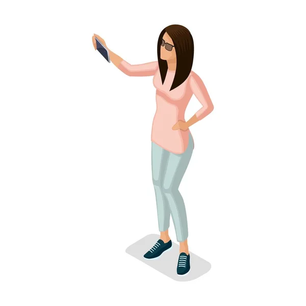 Trendy Isometric people and gadgets, a teener, a young girl, a stylish, student, uses hi-tech technology, phone, photography, selfie isolated — стоковый вектор