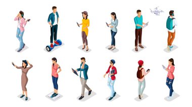 Merhaba istimal teknoloji, cep telefonları, yastık, dizüstü bilgisayarlar, trendy izometrik insanlar ve araçlar, gençler, gençler, öğrenciler, selfie, akıllı saatler izole parçasıdır