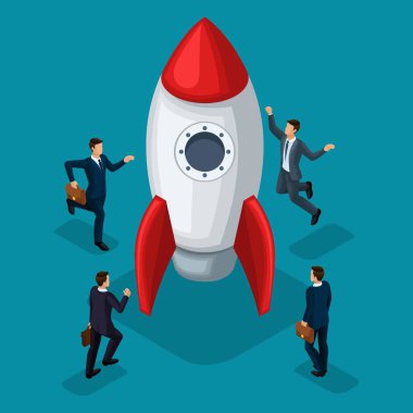Trendy izometrik nesneler, 3d roket, start-up, başarı sevinci, kavram işadamları oluşturulması genç işadamı, yeni iş planı proje iş adamları ile