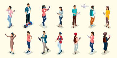 Merhaba istimal teknoloji, cep telefonları, yastık, dizüstü bilgisayarlar, trendy izometrik insanlar ve araçlar, gençler, gençler, öğrenciler, makyaj, selfie, akıllı saatler, sanal oyunlar, navigasyon cihazları