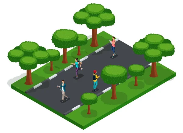 Pessoas na moda Vetor isométrico 3D adolescentes, jovens, estudantes, freelancers, correndo, andando no parque, belo território limpo com árvores cuidadas — Vetor de Stock