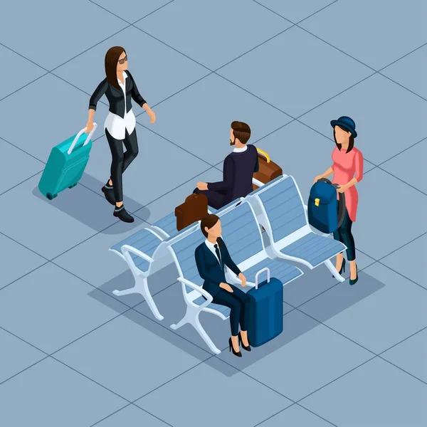 Trendy άνθρωποι ισομετρική διάνυσμα 3d επιχειρηματίας, γυναίκα σε εργασία, νεαρή γυναίκα, στο αεροδρόμιο, αίθουσα αναμονής, καταστήματα, αποσκευές, ταξίδια, διακοπές, επιβάτες — Διανυσματικό Αρχείο