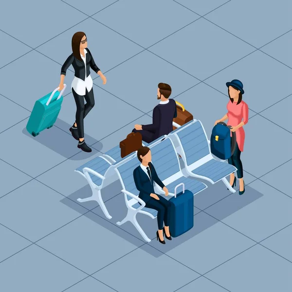 Trendy People Isométrico vector 3D hombre de negocios, mujer de negocios, mujer joven, en el aeropuerto, sala de espera, tiendas, equipaje, viajes, vacaciones, pasajeros — Archivo Imágenes Vectoriales