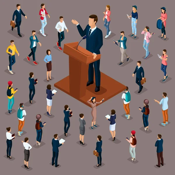 Trendy People Isometric vector 3D businessmen, teenagers, workers, meeting the president meeting with voters, trebune performance audience, press, questions — Stock Vector