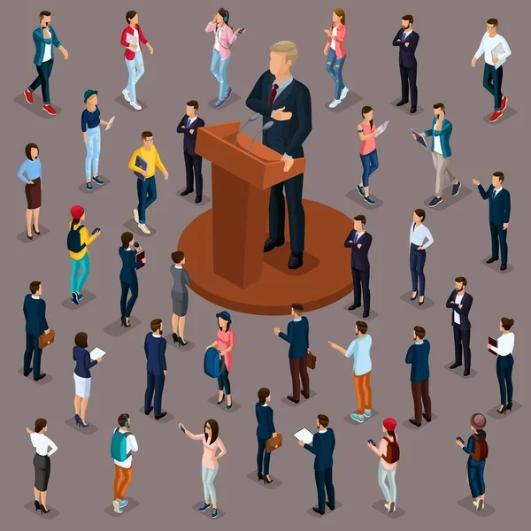 Trendy people isometrischer Vektor 3d business, people, meeting, voting, Präsidentschaftswahl, Rede auf der Trebune, isoliert auf dunklem Hintergrund — Stockvektor