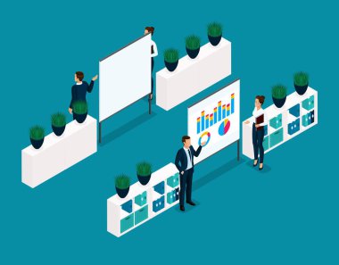 Eğilim izometrik nesneleri 3d insanlar işadamı coachers, eğitim, tartışma, ofis işçi Önden Görünüm arka görüş mavi bir arka plan üzerinde izole