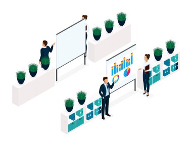 Eğilim izometrik nesneleri 3d insanlar işadamı ofis işçi Önden Görünüm arka görüş beyaz arka plan üzerinde izole arka plan yönetim kurulu, coachers, eğitim