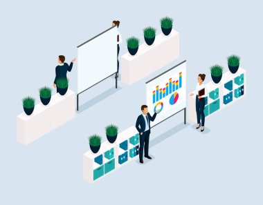 Eğilim izometrik nesneleri 3d insanlar businessmanon arka plan yönetim kurulu, coachers, eğitim, ofis işçi Önden Görünüm arka görüş hafif bir arka plan üzerinde izole