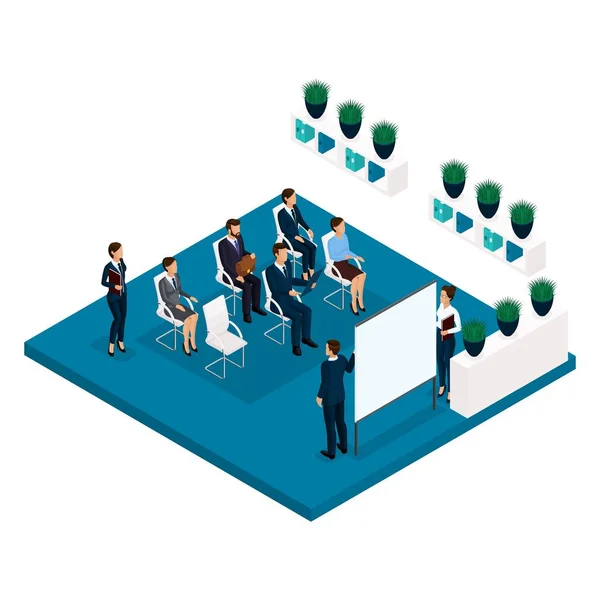 Trend isometric people, a room, an office coachers rear view, large office room teaching, training, meeting, lecture, business coach, business and business woman in suits isolated on