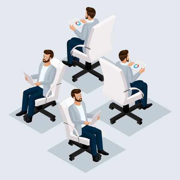 Tendance des objets isométriques, table 3D avec documents, ordinateur portable, chaise, clavier, souris, vue de face, vue de derrière, sont isolés sur un fond sombre. Illustrations vectorielles — Image vectorielle