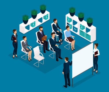 Eğilim izometrik insanlar, bir kavram için eğitim odası arka görünümü, coachers, öğretmen, eğitim, ders, iş eğitim, yalıtımlı takım elbise şık saç modeli, iş adamları