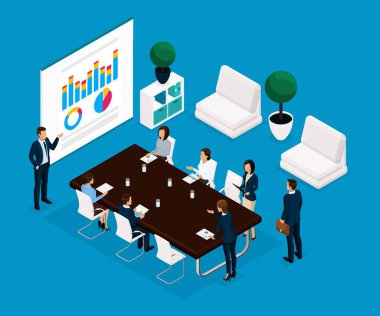 Eğilim izometrik insanlar kavramı dikiz, büyük ofis Oda, Toplantı, tartışma, beyin fırtınası, iş ve iş bayanlar hafif bir arka plan üzerinde izole takım elbiseli iletişim. Vektör