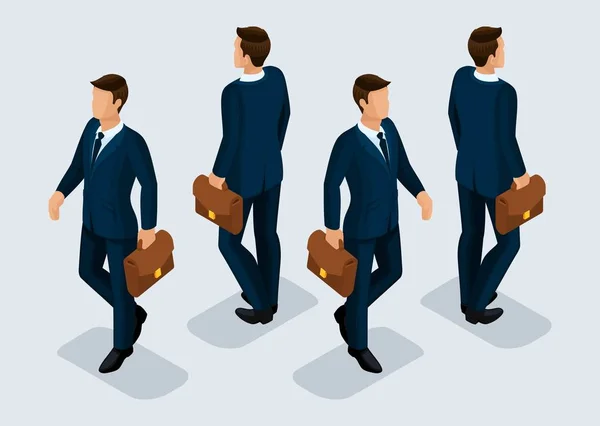 Trend Isomtric People Set 10, hombres de negocios en 3D en trajes de negocios, gestos de personas, vista frontal y vista trasera aislados sobre un fondo claro. Ilustración vectorial — Vector de stock