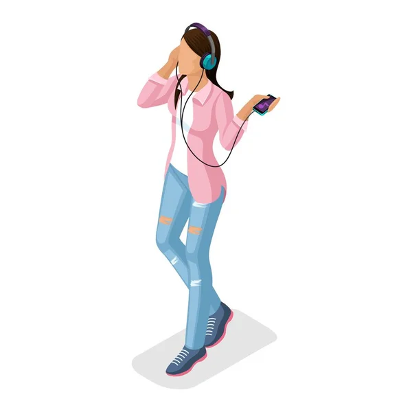 Isometric Girl, Young People Gadgets — Stock Vector