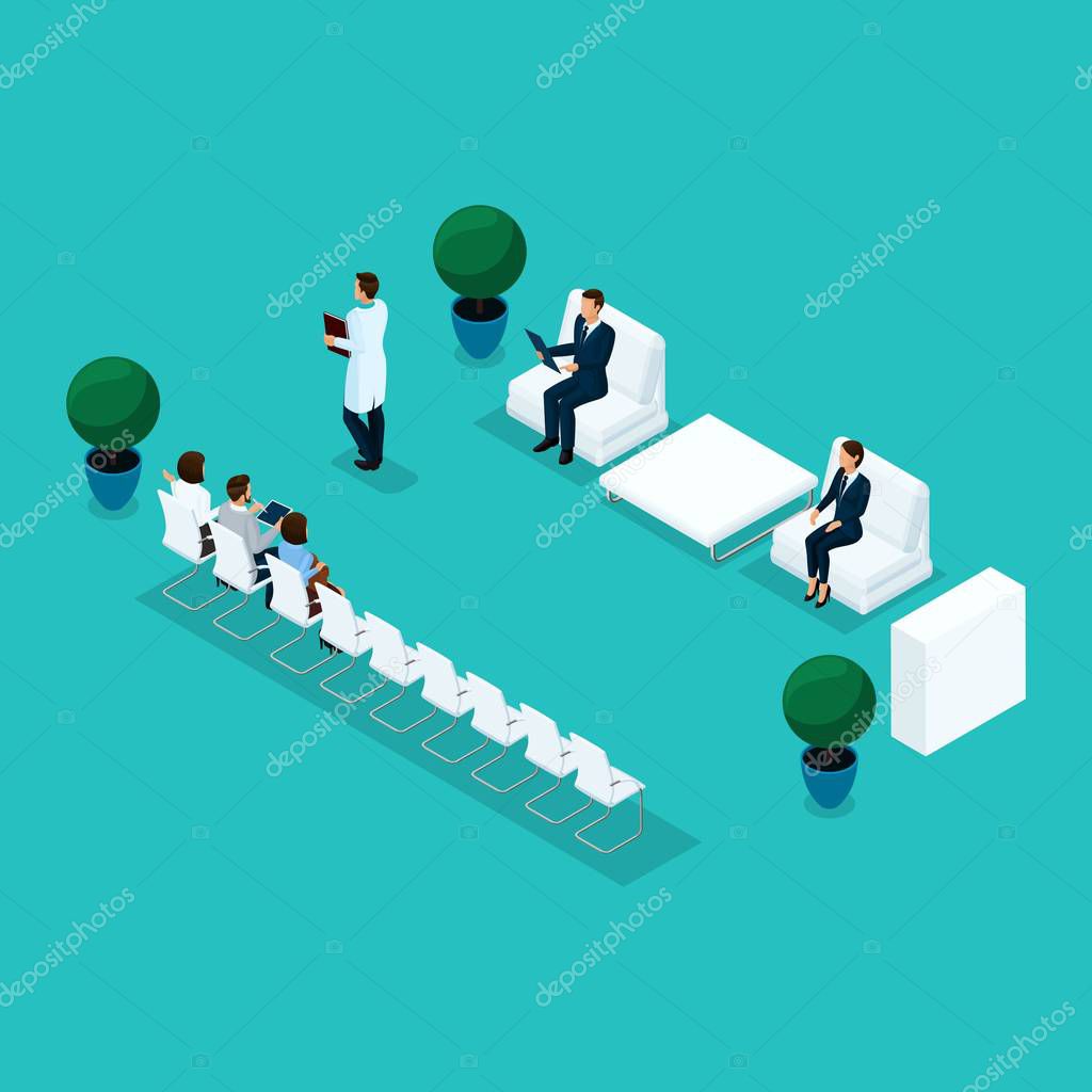 Trendy Isometric People A Hospital Corridor Waiting At The Doctor S Office In Turn Patients Are Isolated On A Blue Background Premium Vector In Adobe Illustrator Ai Ai Format Encapsulated