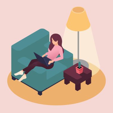 İzometrik güzel genç kadın evde