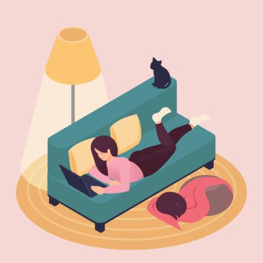 İzometrik güzel genç kadın evde