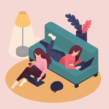 İzometrik güzel genç kadın evde