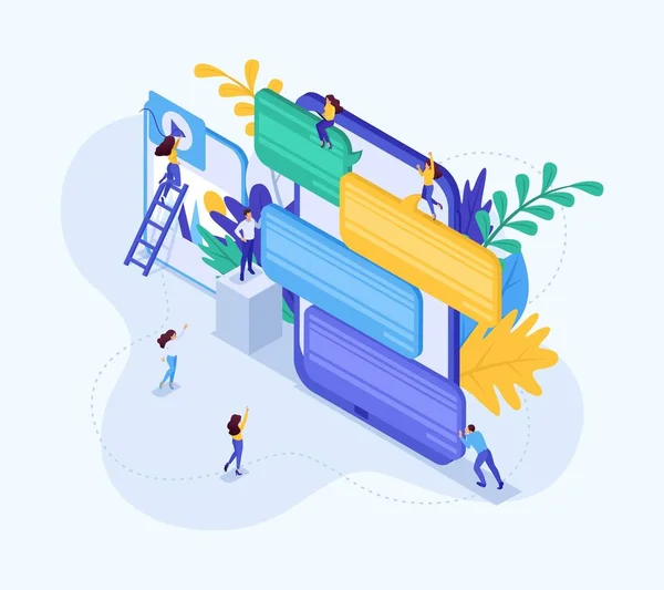 Isometric Concept Young People in Social Networks — Stock Vector