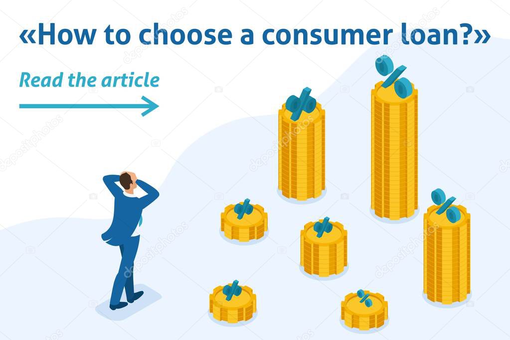 Isometric Man Looks at the Amount of Loans Rates