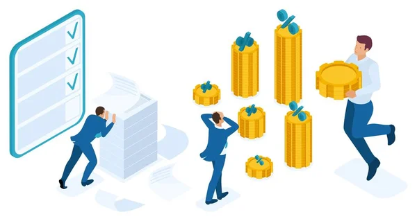 Homem isométrico olha para a quantidade de empréstimos —  Vetores de Stock