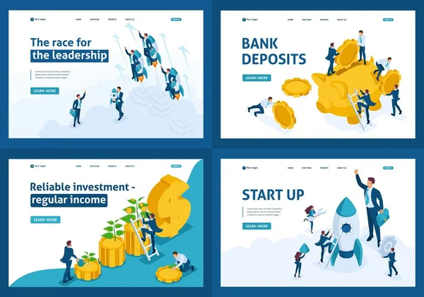 Depositi bancari isometrici, Startup, Leadership — Vettoriale Stock