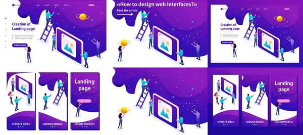 Set Template artigo, Landing page, design de aplicativos, desenvolvimento isométrico e criação de um site, homenzinhos — Vetor de Stock