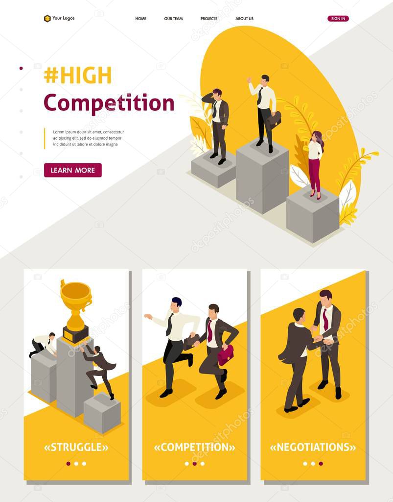 Isometric Website Template Landing page businessmen compete for the championship, leadership