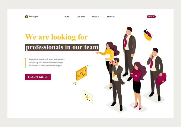 Isometric company employees are looking for professionals in the team. Website Template Landing page — Stock Vector