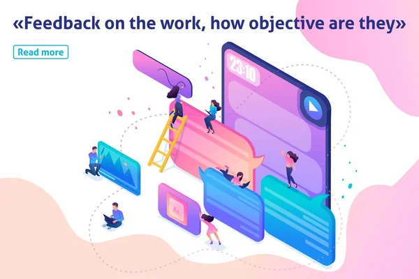 Isometric utilisateurs écrire des commentaires sur les services — Image vectorielle
