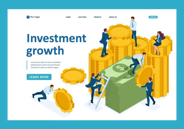 Ισομετρική ανάπτυξη επενδύσεων, οι επενδυτές μεταφέρουν χρήματα — Διανυσματικό Αρχείο