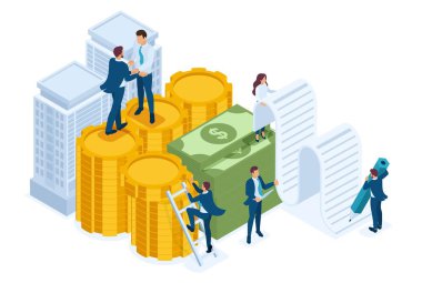 Isometric Bankası çalışanları ipotek kredisi alıyor, iş adamları. Web tasarımı için kavram