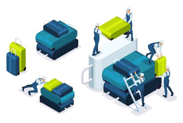 Изометрическая загрузка багажа в аэропорту, перевозка багажа на самолете. Концепция веб-дизайна
