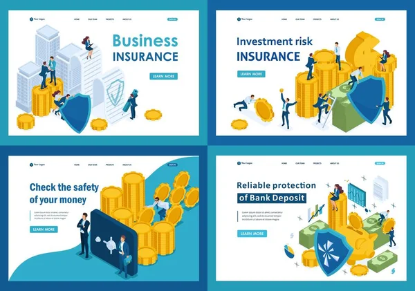 Set landingspagina's in isometrisch concept van het beschermen van geld en effecten tegen diefstal — Stockvector