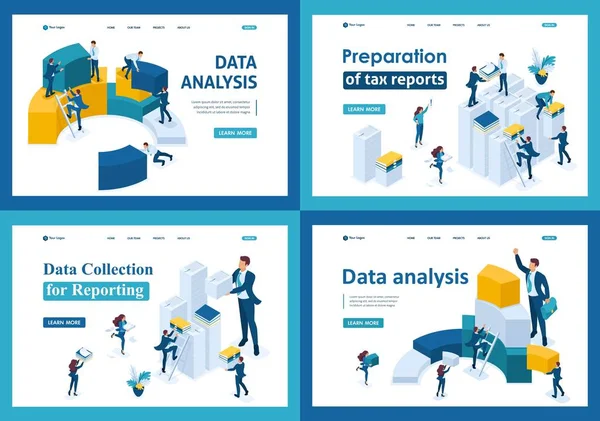 Set of landing pages in isometric concept. Data collection and reporting for tax forms — Stock Vector