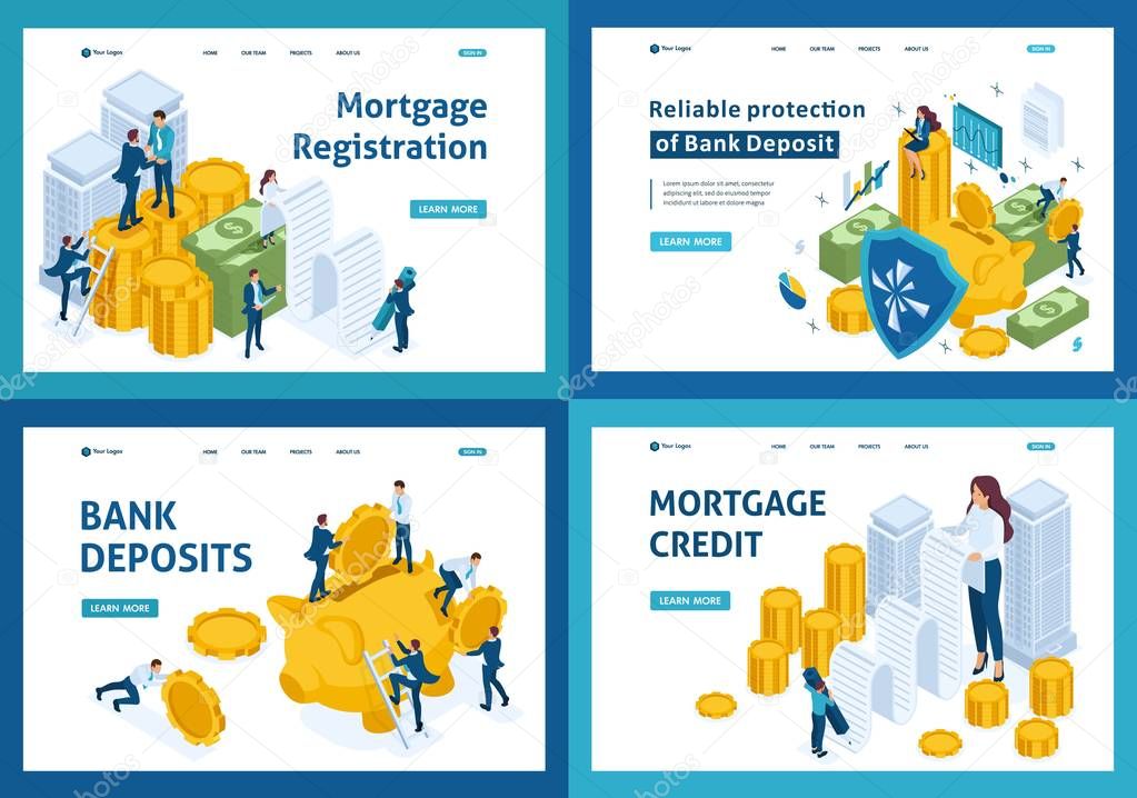 Set of landing pages of isometric concept of choosing banking products, mortgage, deposit, loan
