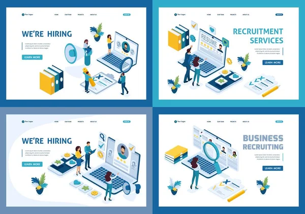 Set di landing page del concetto di business di recruiting isometrico che assume dipendenti in un'azienda, HR Manager — Vettoriale Stock