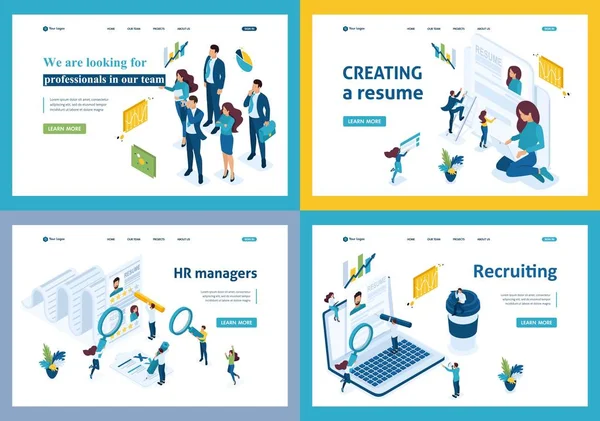 Ensemble de pages de destination du concept de recrutement isométrique embauchant des employés dans une entreprise, Responsable RH — Image vectorielle